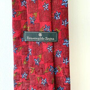 Ermenegildo Zegna Silk Neck Tie Red Checkered & Blue Floral Print (3.75" Width)